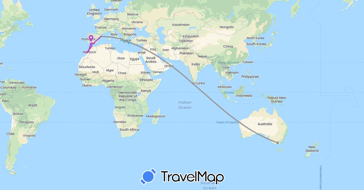 TravelMap itinerary: driving, plane, train, boat in Australia, Spain, Greece, Morocco (Africa, Europe, Oceania)